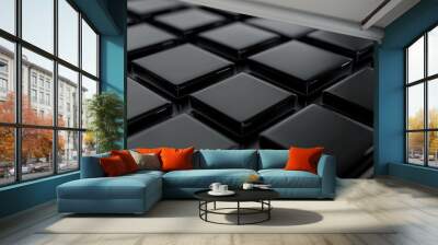 Glossy black squares arranged asymmetrically on a polished black surface exuding a luxurious and contemporary feel Wall mural