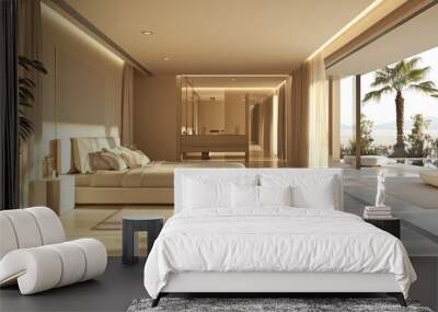 Minimalist design of a contemporary bedroom with clean lines, neutral tones, and an open-plan layout Wall mural