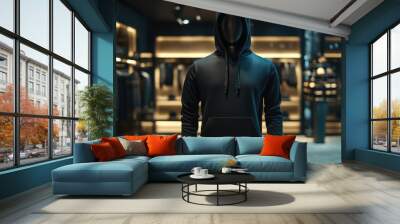 Mock up replica hoodie in stainless steel mannequin standing in luxurious shop. Wall mural