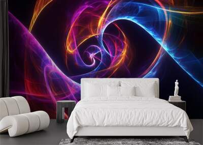 Neon spirals and glowing lines forming an abstract, futuristic pattern Wall mural