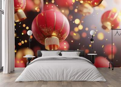 Red and gold lanterns floating against a night sky with firecrackers exploding in the background Wall mural