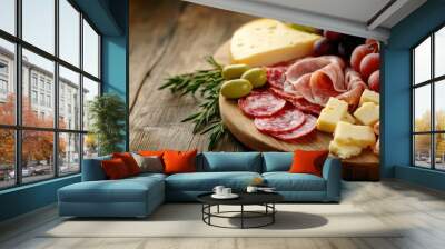 Sliced gourmet meat, cheese, vegetables and fruits on wooden board Wall mural