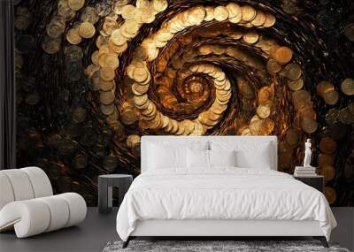 Top view of gold coins forming a swirl pattern on a dark background Wall mural