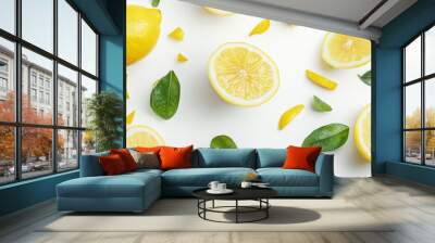 Yellow lemon slices falling with green leaves isolated on white background Wall mural