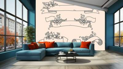 Vector illustration of a collection of floral ribbons. A set of beautiful wreath with flowers and branches for wedding invitations and birthday cards Wall mural