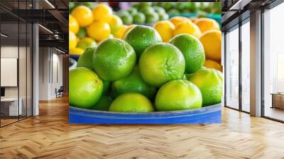 A blue bowl of green citrus fruit sits on a table Wall mural