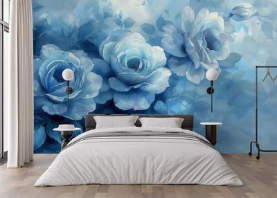 A blue flower painting with three blue roses Wall mural