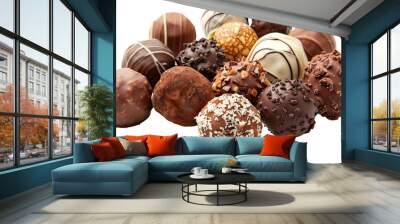 A bunch of chocolate candies with different shapes and sizes on transparent background Wall mural