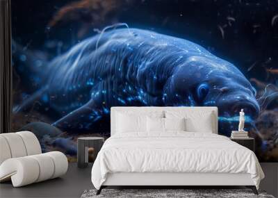 A fish is swimming in the water with a blue glow Wall mural