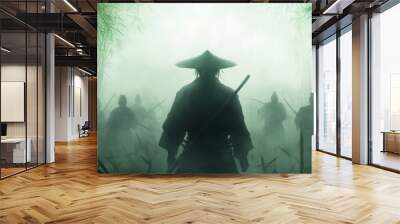 A man in a samurai costume is leading a group of warriors through a forest Wall mural