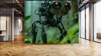 A robot with a metal head and legs is standing in a forest Wall mural