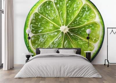 A close-up of a lime slice showing its juicy green flesh and texture, isolated on a white background, emphasizing its fresh citrus appeal. Wall mural