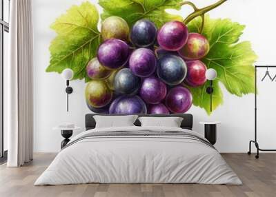 Cluster of ripe purple and green grapes with detailed leaves on a white background, showcasing their glossy texture and natural freshness. Wall mural