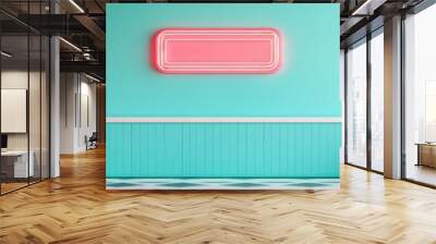 Modern retro diner setting with teal walls, pink chairs, and neon sign, reflecting a playful 1950s American diner theme. Wall mural