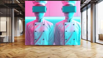 Two chefs in a neon-lit kitchen wearing VR headsets, representing the fusion of culinary arts and virtual reality technology. Wall mural