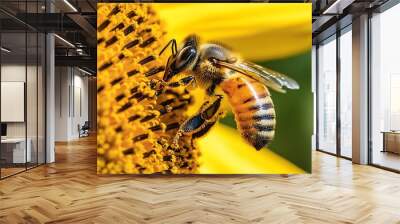 A Macro View of a Honey Bee Collecting Pollen from a Sunflower. Wall mural