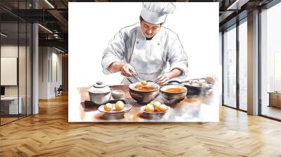 Chef in White Uniform Preparing Food with Tongs. Wall mural