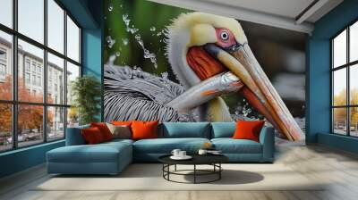 Close-up of a Pelican Catching Fish in the Water. Wall mural