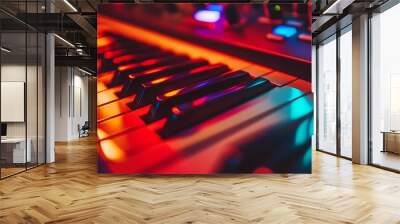 Close-up of Illuminated Piano Keys in Red and Blue Light. Wall mural