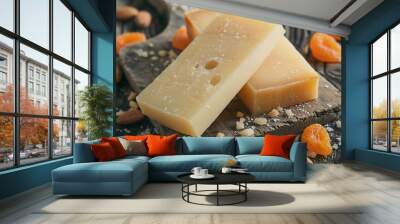 Close-up of Swiss cheese, almonds, and dried apricots on a wooden board. Wall mural