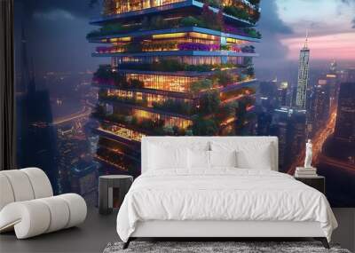 Futuristic Vertical Garden Skyscraper at Dusk. Wall mural