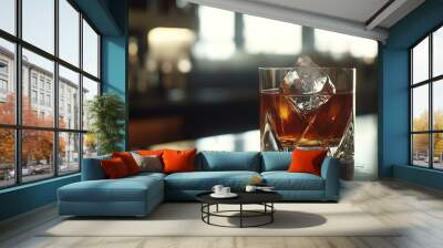 Glass of Whiskey with Ice on Bar Counter. Wall mural