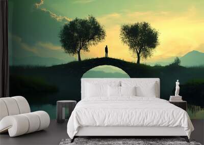 Solitary Figure on a Stone Bridge Over a Misty Lake at Sunset. Wall mural