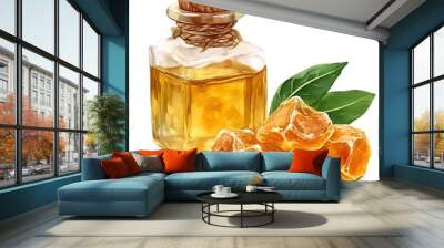 Watercolor illustration of a glass bottle filled with amber-colored liquid and scattered rock sugar crystals. Wall mural