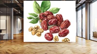 Watercolor Illustration of Dates and Walnuts with Green Leaves. Wall mural