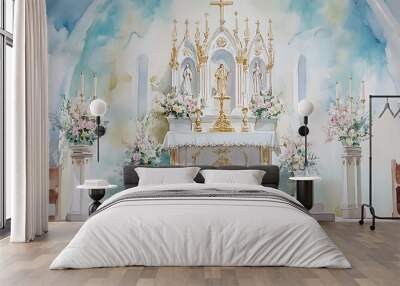 Watercolor Painting of a Church Altar with Flowers and Candles. Wall mural