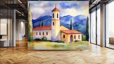 Watercolor Painting of a Church in a Mountainous Landscape. Wall mural