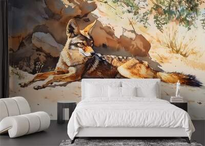 Watercolor Painting of a Coyote Resting in the Desert. Wall mural