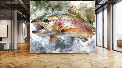 Watercolor Painting of a Rainbow Trout Jumping Out of the Water. Wall mural