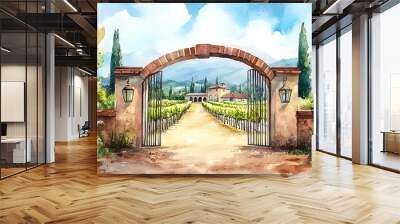 Watercolor painting of a stone archway leading to a vineyard and villa in the Italian countryside. Wall mural