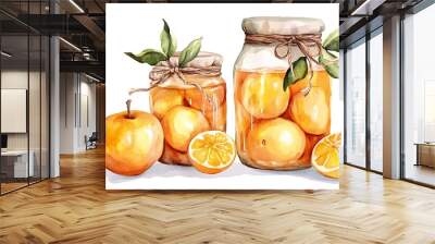 Watercolor Painting of Jars Filled with Oranges and a Whole Orange and a Slice Wall mural