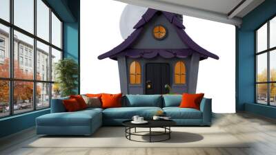 3D chibi-style haunted house with a cute, childlike design, featuring crooked windows, a tilted roof, and spooky elements like ghosts, bats, and cobwebs, on a transparent background. Wall mural