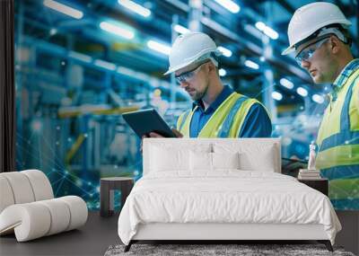 Two factory workers in hard hats and reflective vests, using a digital tablet to inspect and verify equipment, with a warehouse setting in the background. Wall mural