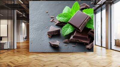 Dark chocolate pieces arranged with fresh mint leaves, a brain-stimulating treat, indulgent and healthy snack.
 Wall mural