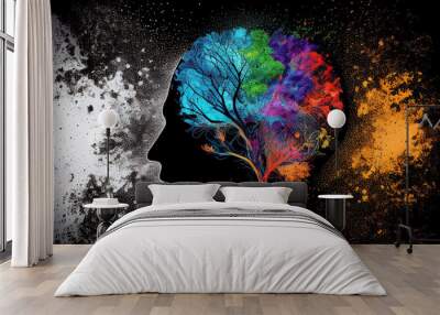 abstract colorful creative brain, black background With Generative AI Wall mural