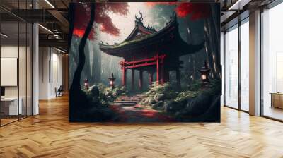 The entrance to the red Japanese shrine is in a deep forest covered with trees, shining in the sunlight With Generative AI Wall mural