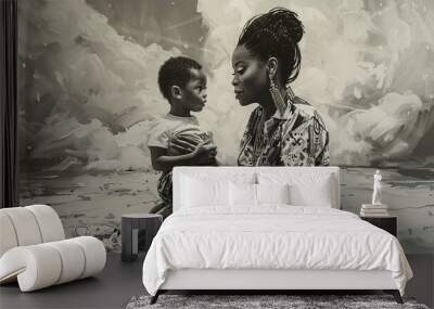 An airbrush black and white oil painting of a African American woman and her son  Wall mural