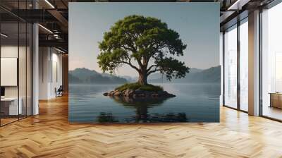 Tranquil trees reflected in the calm waters of the lake Wall mural