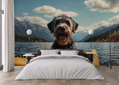 cheerful terrier swims in the lake on a kayak against the backdrop of mountains with forests and a sky with clouds Wall mural