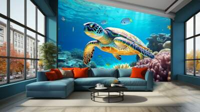 Close up sea turtle swimming under the sea Wall mural