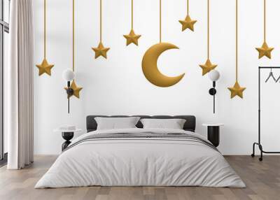 3D Render ramadan gold decoration isolated on white background. Hanging Crescent Islamic with stars and moon. Ramadan Kareem design element isolated. Wall mural