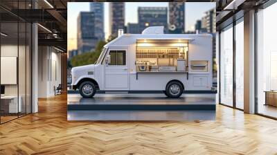 3D Rendering white food truck with detailed interior with urban blur background Wall mural