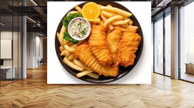 a plate of Fish 'n' chips on white background Wall mural