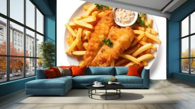 a plate of Fish 'n' chips on white background Wall mural