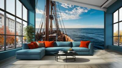 A sailboat is sailing in the ocean with the sun shining on the sails. The boat is surrounded by water and the sky is clear Wall mural