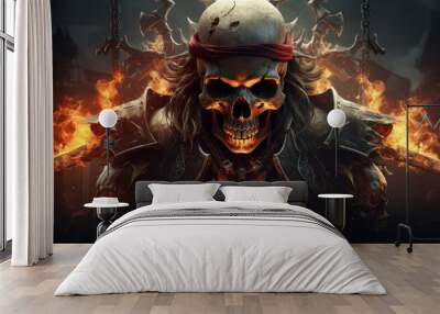 A skull with a red bandana on its head is surrounded by flames. The skull is wearing a suit of armor and holding two swords. The image has a dark and ominous mood, with the skull Wall mural